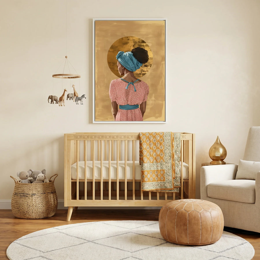 Boho Black girl wall art in nursery with neutral nursery, wood crib, safari animal mobile, leather pouf, brass lamp. Digital mockup.