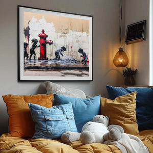 Black art for nursery walls in modern reading nook with mustard floor cushion and teddy bear, Black children with hydrant. Digital mockup.