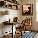 Afro boho in home office with dark wood iron desk, Windsor chair, reclaimed wood shelves, quilt ladder. Digital mockup.