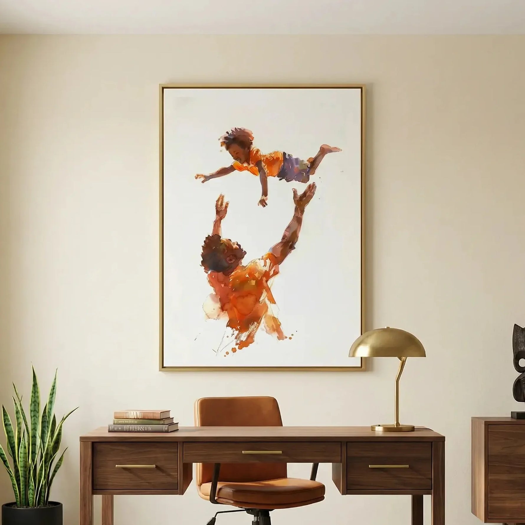 Black home office art in modern home office with walnut desk and African statue, watercolor Black father tossing son. Digital mockup.
