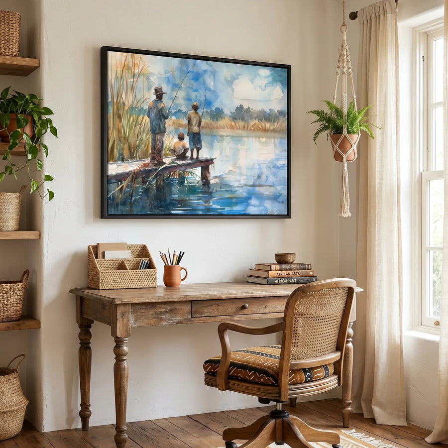 Gullah Geechee art in afrohemian study with cane chair and macramé, Black men and child fishing on dock, watercolor. Digital mockup.