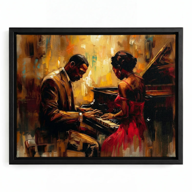 After Hours canvas in black floating frame, Modern Black art. Digital mockup.