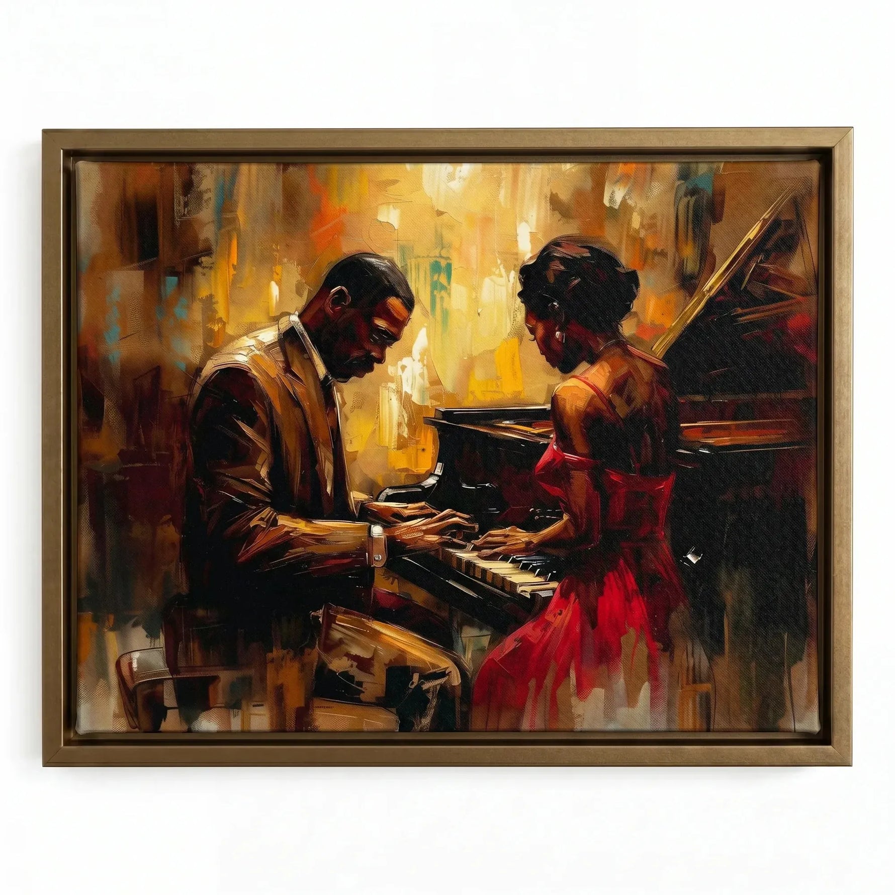 Harlem Renaissance art in gold floating frame, romantic Black couple at jazz piano, vintage oil painting. Digital mockup.