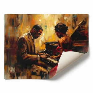 Harlem Renaissance art rolled canvas print ready for custom framing, Black couple at piano jazz romance oil painting. Digital mockup.