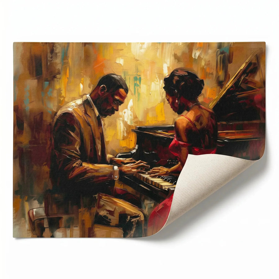 Harlem Renaissance art rolled canvas print ready for custom framing, Black couple at piano jazz romance oil painting. Digital mockup.