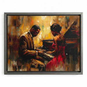 Harlem Renaissance art in silver floating frame, modern Black couple at piano, romantic jazz oil painting. Digital mockup.