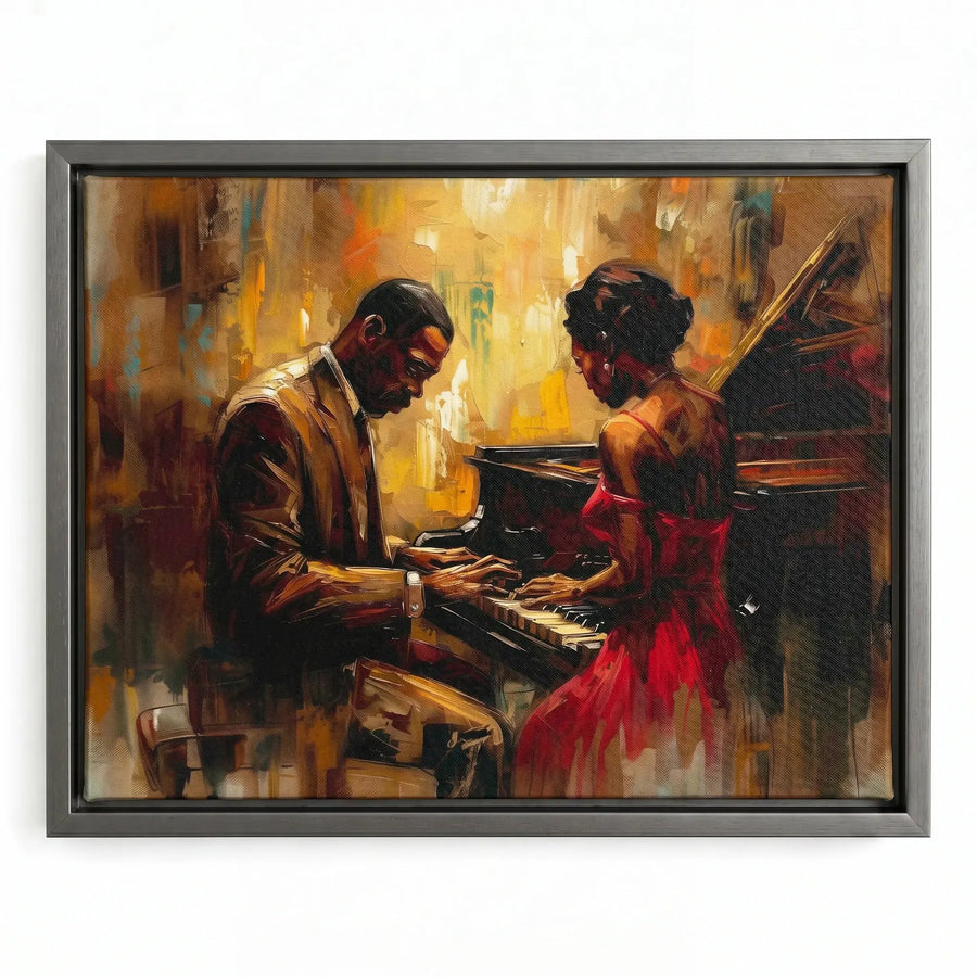 Harlem Renaissance art in silver floating frame, modern Black couple at piano, romantic jazz oil painting. Digital mockup.