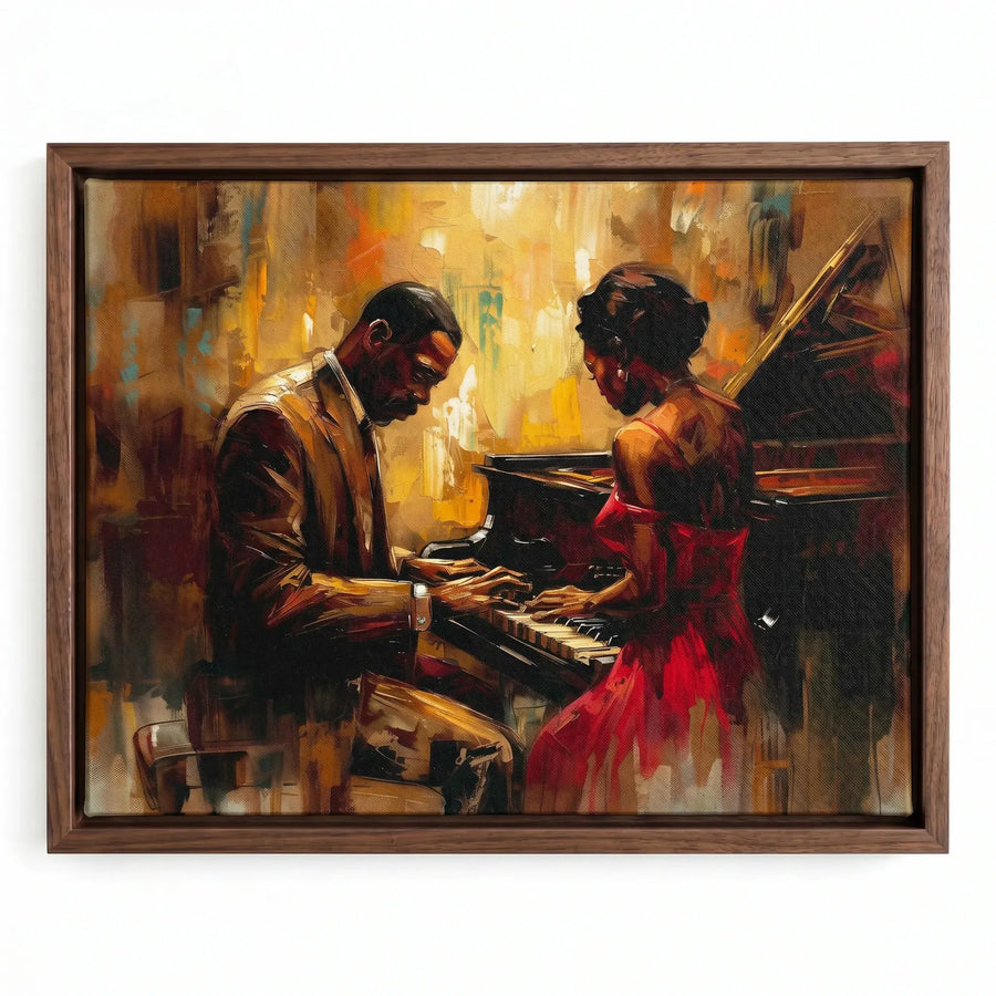 Harlem Renaissance art in walnut floating frame, Black couple at piano, woman in red dress, jazz romance oil painting. Digital mockup.