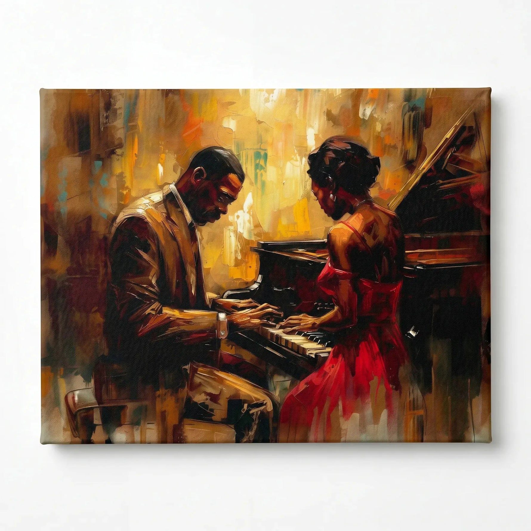 Harlem Renaissance art stretched canvas with gallery wrap, ready to hang. Romantic Black couple at jazz piano, oil painting. Digital mockup.