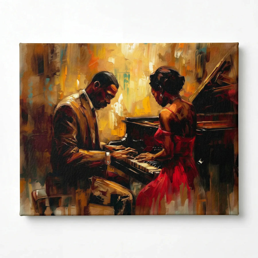 Harlem Renaissance art stretched canvas with gallery wrap, ready to hang. Romantic Black couple at jazz piano, oil painting. Digital mockup.