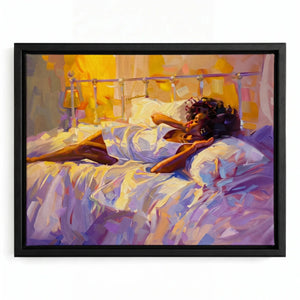 Melanin queen canvas in black floating frame, painterly portrait of Black woman in golden morning light. Digital mockup.