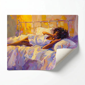 Melanin queen rolled canvas print ready for custom framing, painterly Black woman resting in golden light. Digital mockup.