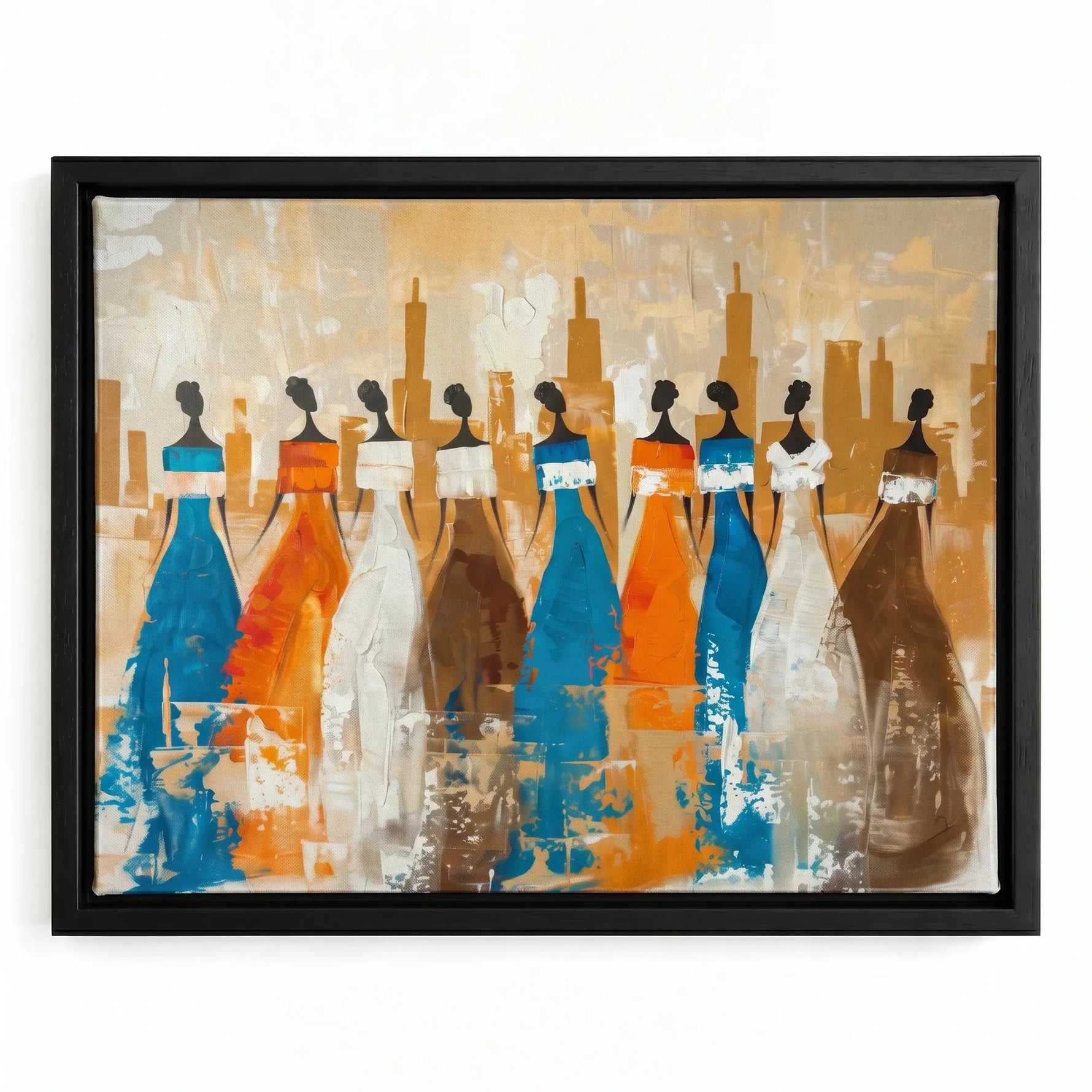 African tribal elder art in black floating frame, painterly eight African women silhouettes in alternating dresses. Digital mockup.
