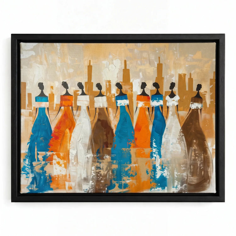 African tribal elder art in black floating frame, painterly eight African women silhouettes in alternating dresses. Digital mockup.