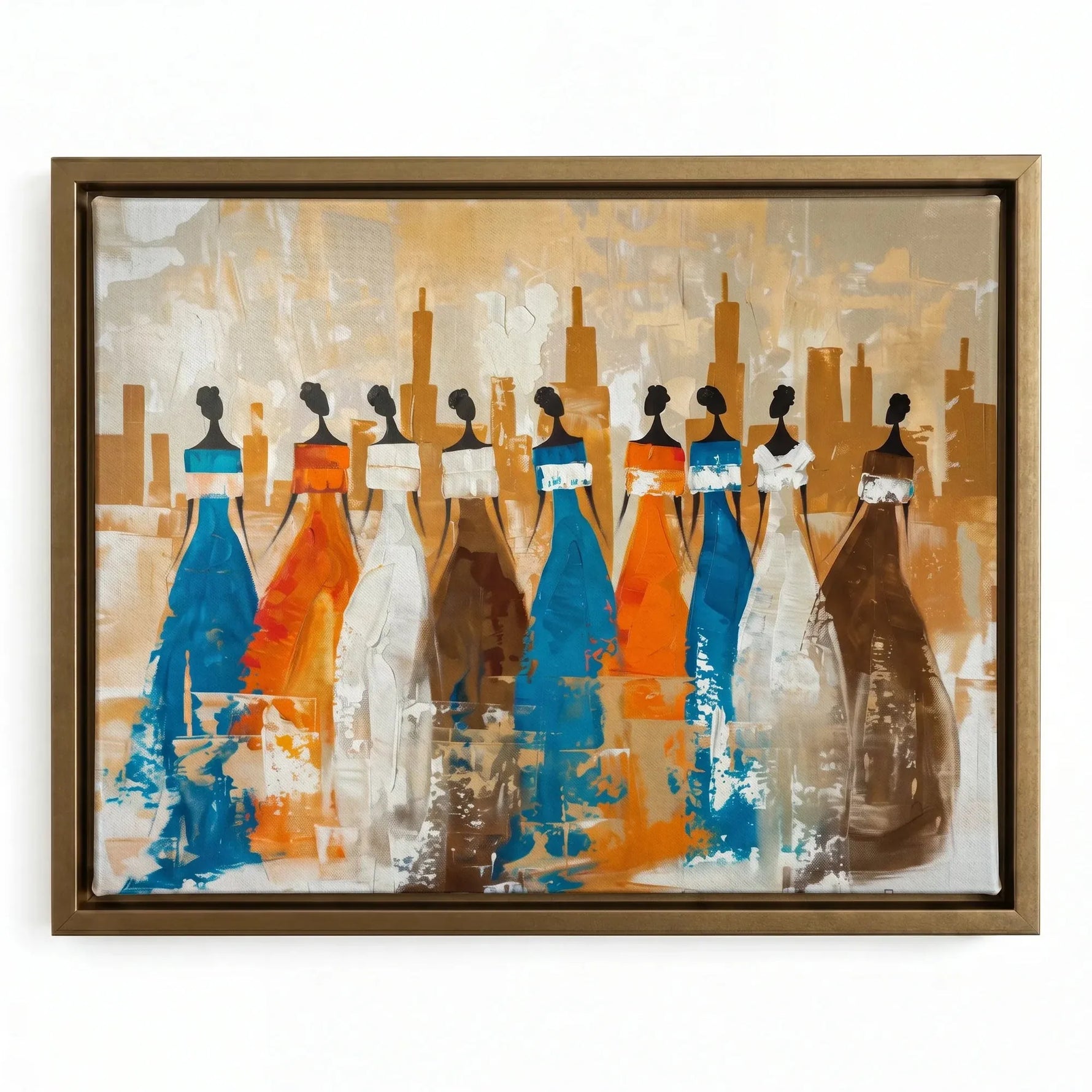 African tribal elder art in gold floating frame, painterly African women silhouettes in flowing dresses heritage scene. Digital mockup.