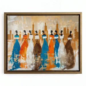 African tribal elder art in gold floating frame, painterly African women silhouettes in flowing dresses heritage scene. Digital mockup.