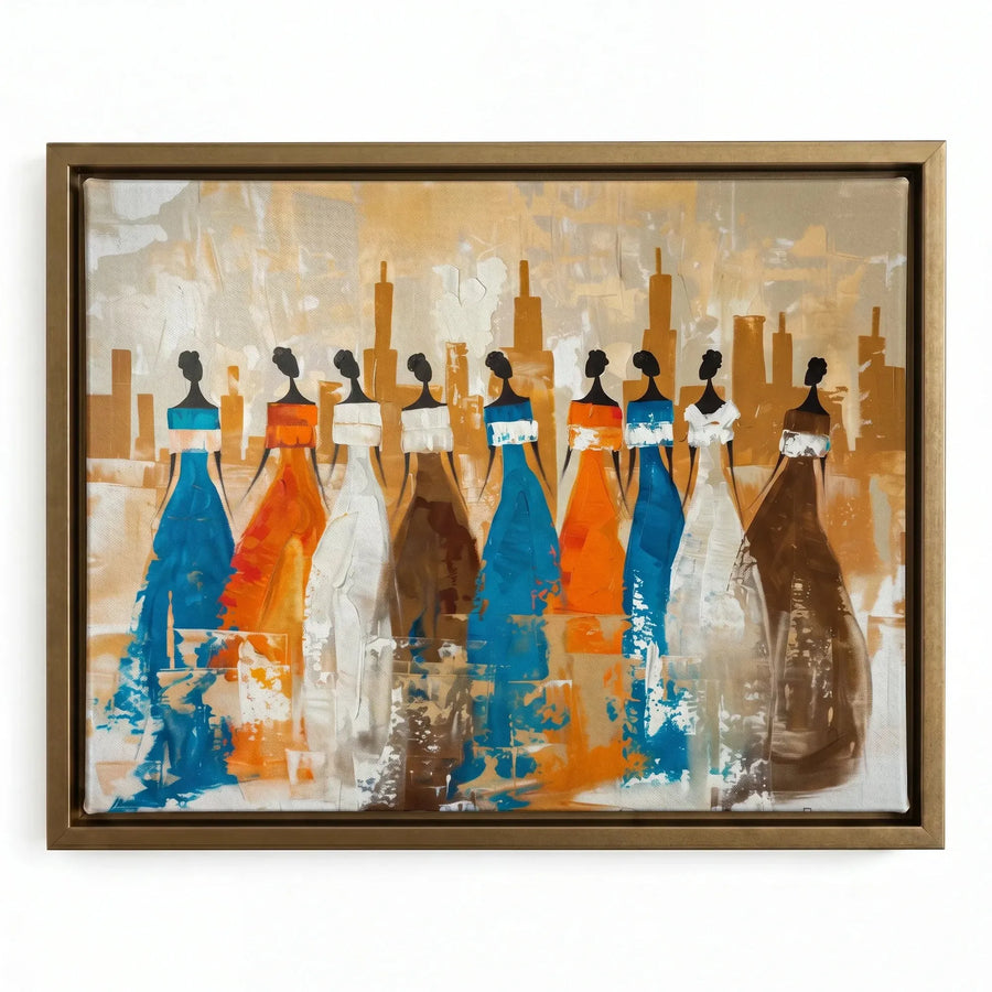 African tribal elder art in gold floating frame, painterly African women silhouettes in flowing dresses heritage scene. Digital mockup.
