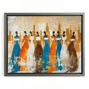 African tribal elder art in silver floating frame, modern eight African women silhouettes heritage abstract painting. Digital mockup.