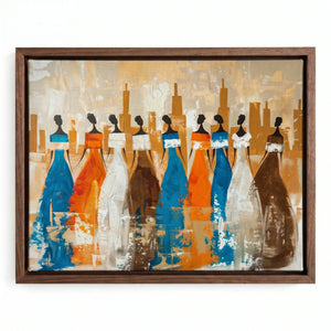 African tribal elder art in walnut floating frame, eight African women silhouettes city skyline heritage abstract. Digital mockup.