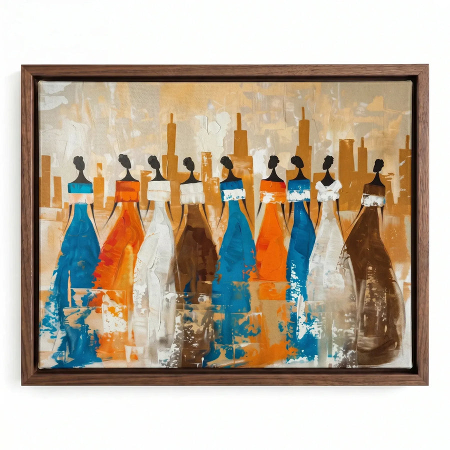 African tribal elder art in walnut floating frame, eight African women silhouettes city skyline heritage abstract. Digital mockup.
