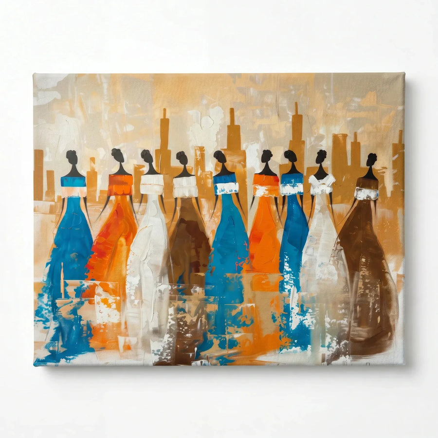 African tribal elder art stretched canvas, ready to hang. Eight African women heritage silhouettes city abstract. Digital mockup.