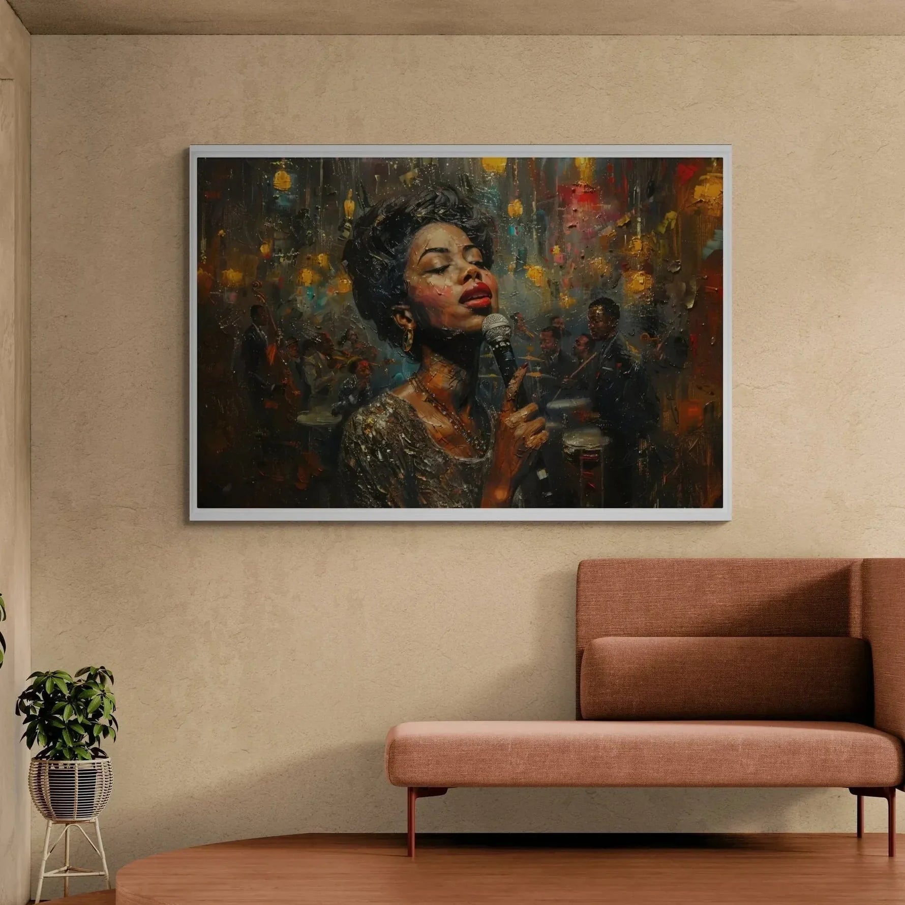 Urban Black aesthetic wall art in plaster living room with terracotta sofa and planters, vintage Black jazz singer painting. Digital mockup.