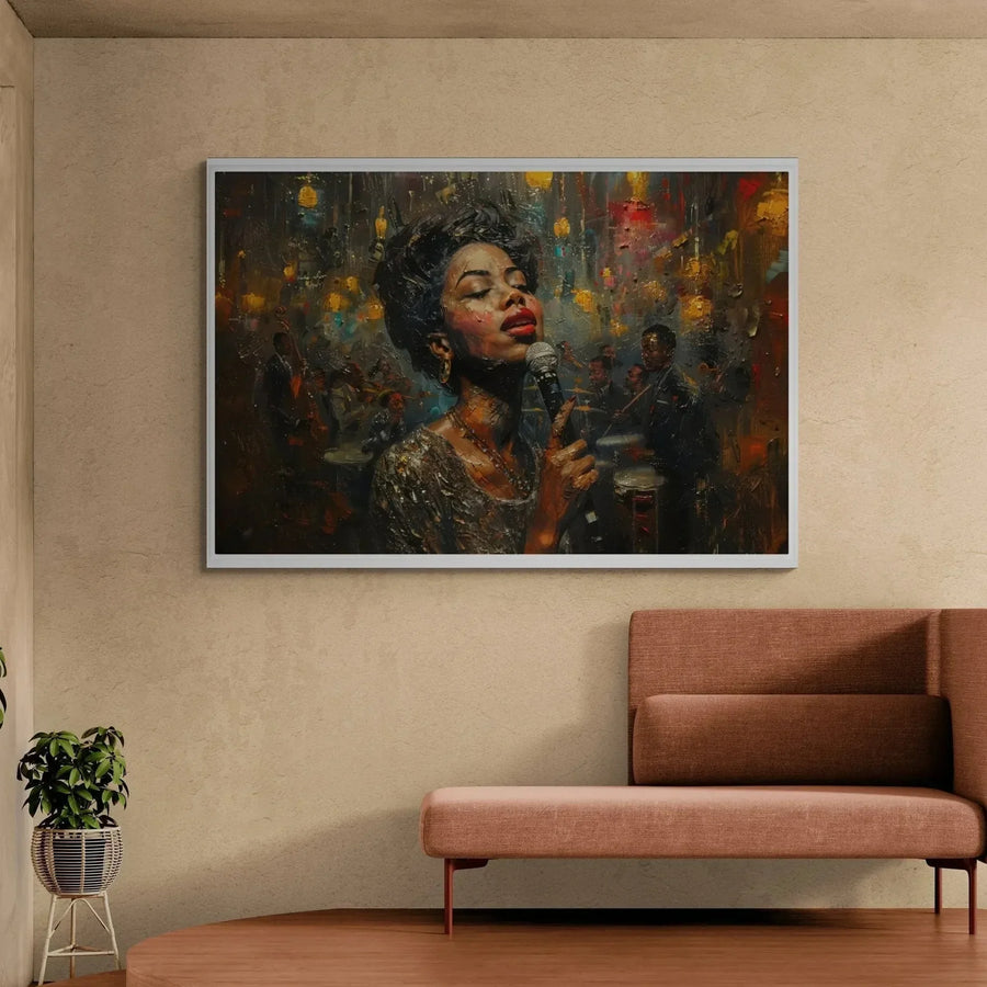 Urban Black aesthetic wall art in plaster living room with terracotta sofa and planters, vintage Black jazz singer painting. Digital mockup.