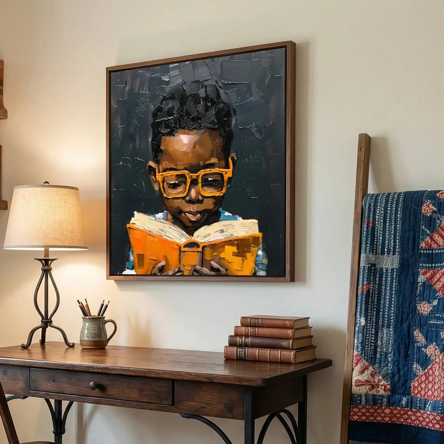 Black home office art in vintage farmhouse study with iron desk and antique books, Black boy in orange glasses reading. Digital mockup.