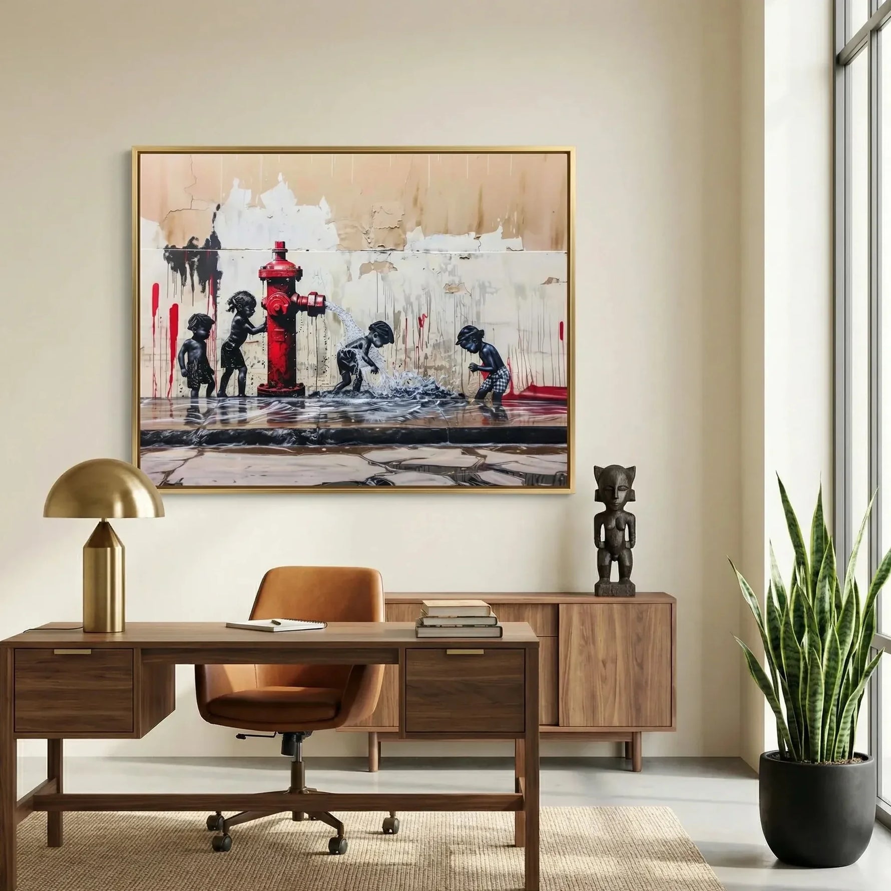 Modern Afro art for office in mid-century workspace with walnut desk and African mask, Black children with hydrant art. Digital mockup.