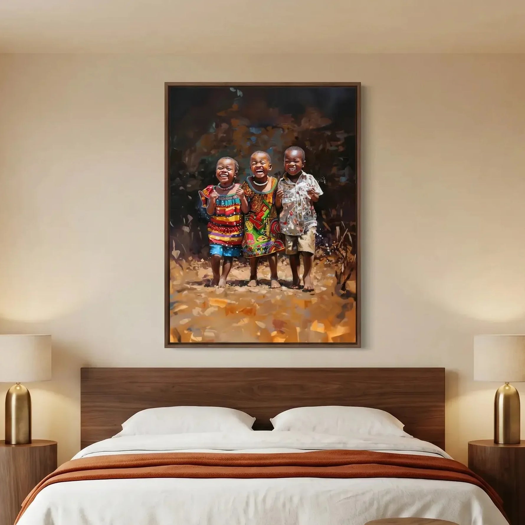 African American art for bedroom in modern bedroom with walnut platform bed and brass lamps, three joyful African children. Digital mockup.
