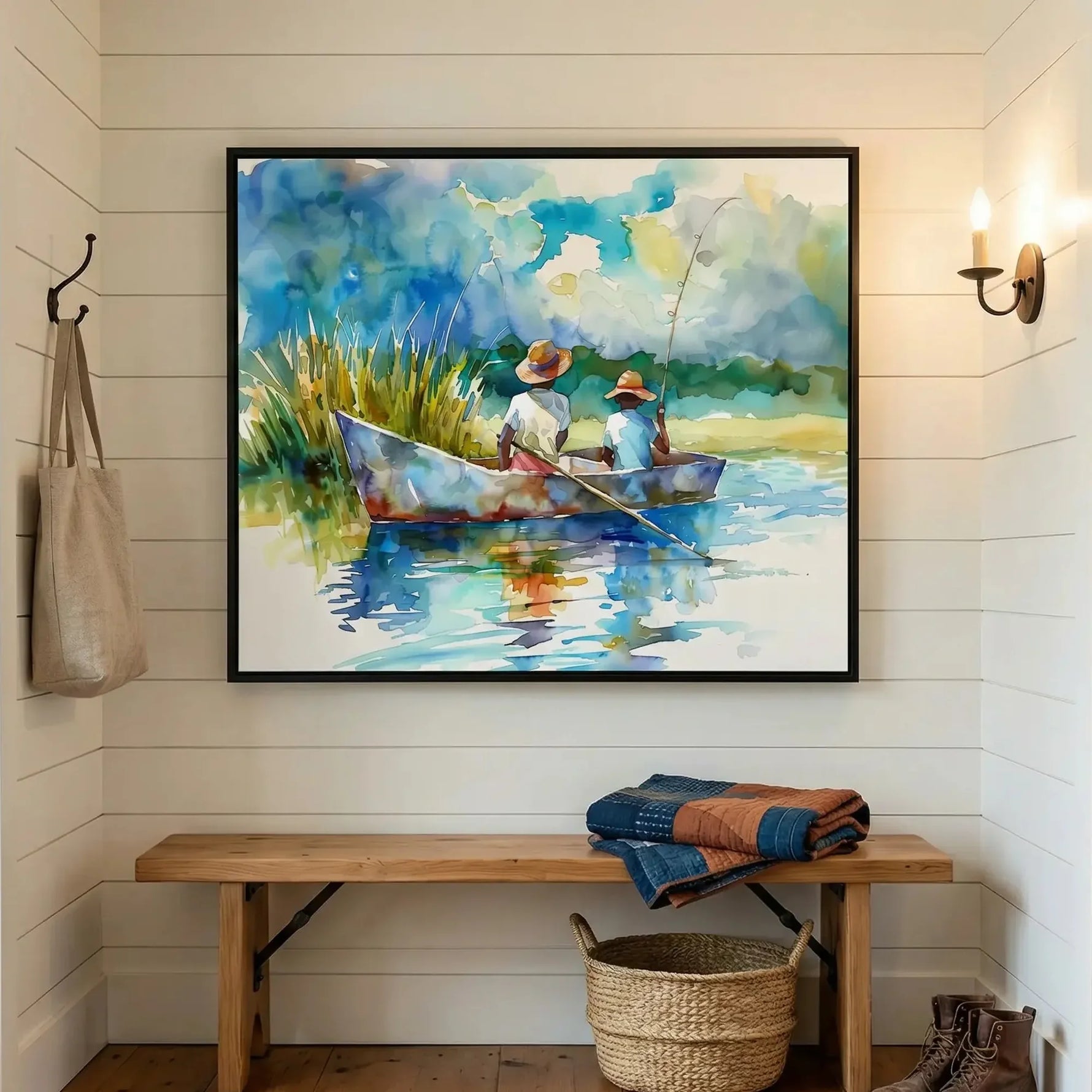 Gullah Geechee art in shiplap mudroom with antique bench and woven basket, two Black boys fishing in creek watercolor. Digital mockup.