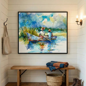 Gullah Geechee art in shiplap mudroom with antique bench and woven basket, two Black boys fishing in creek watercolor. Digital mockup.