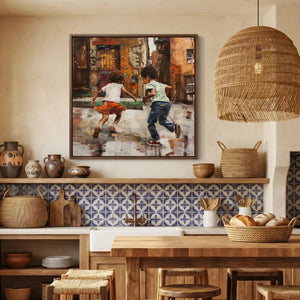 African American kitchen canvas in Mediterranean kitchen with blue Spanish tile, Black children running urban scene. Digital mockup.