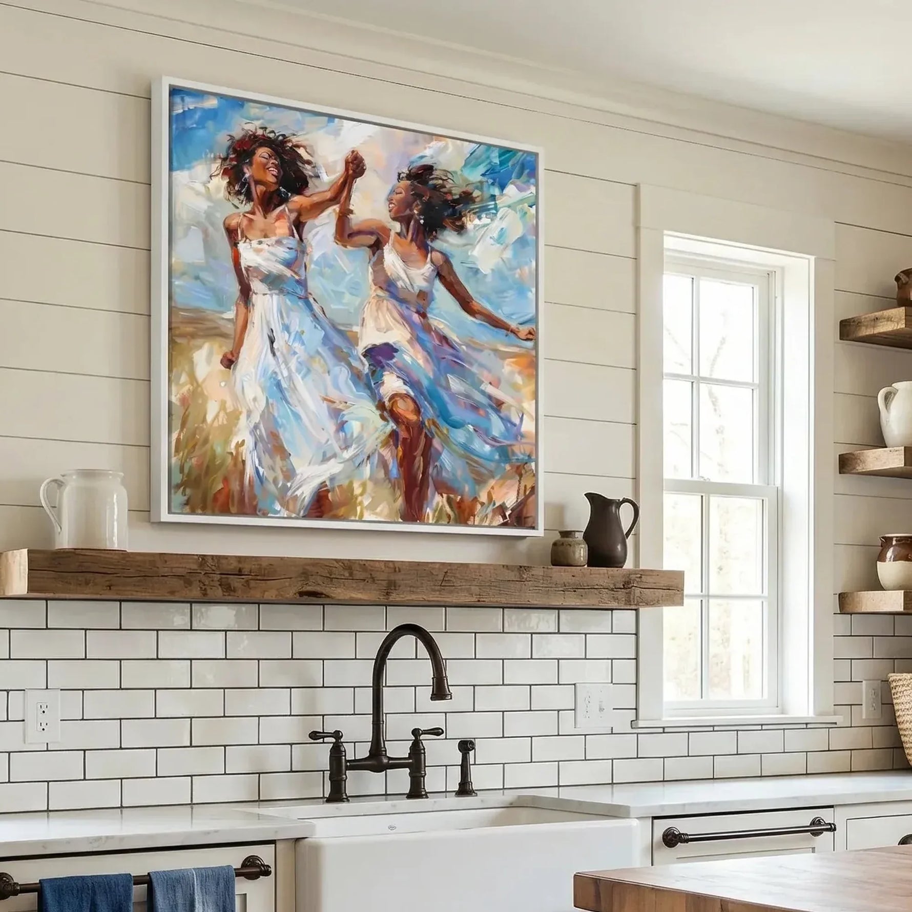 African American kitchen canvas in farmhouse kitchen with white shiplap and apron sink, two Black women dancing. Digital mockup.