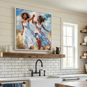 African American kitchen canvas in farmhouse kitchen with white shiplap and apron sink, two Black women dancing. Digital mockup.