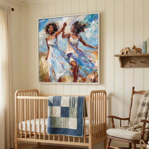 Black art for nursery walls in scandi nursery with light wood crib and Windsor rocker, two Black women dancing. Digital mockup.