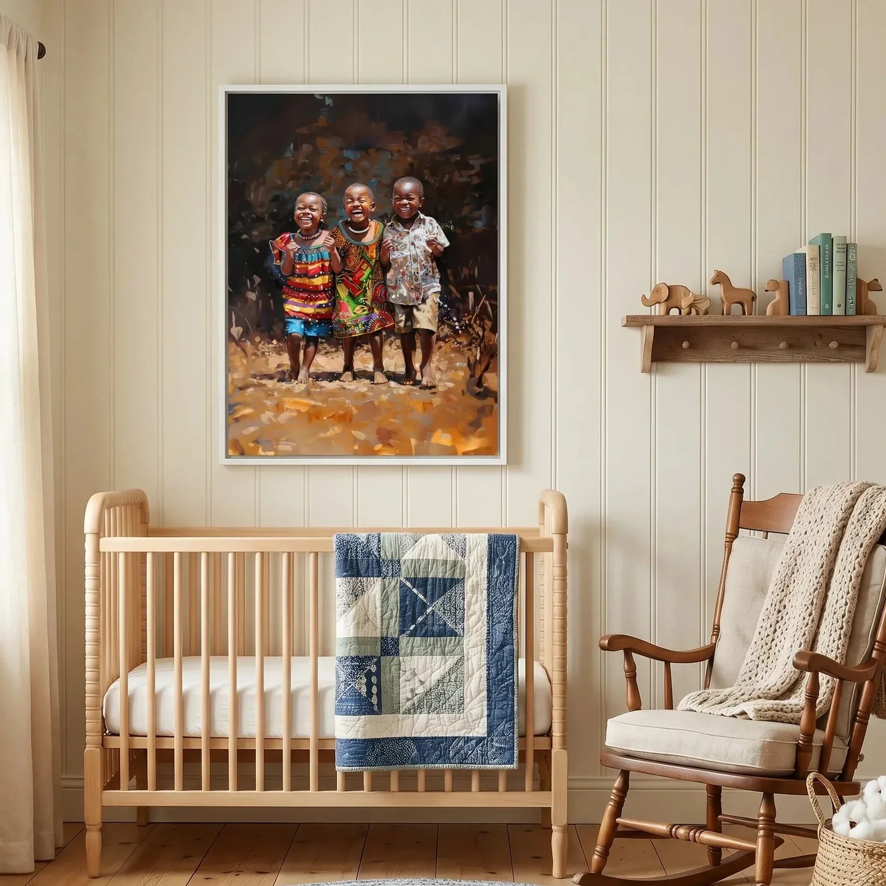 Black art for nursery walls in scandi nursery with light wood crib and Windsor rocker, three joyful African children painting. Digital mockup.
