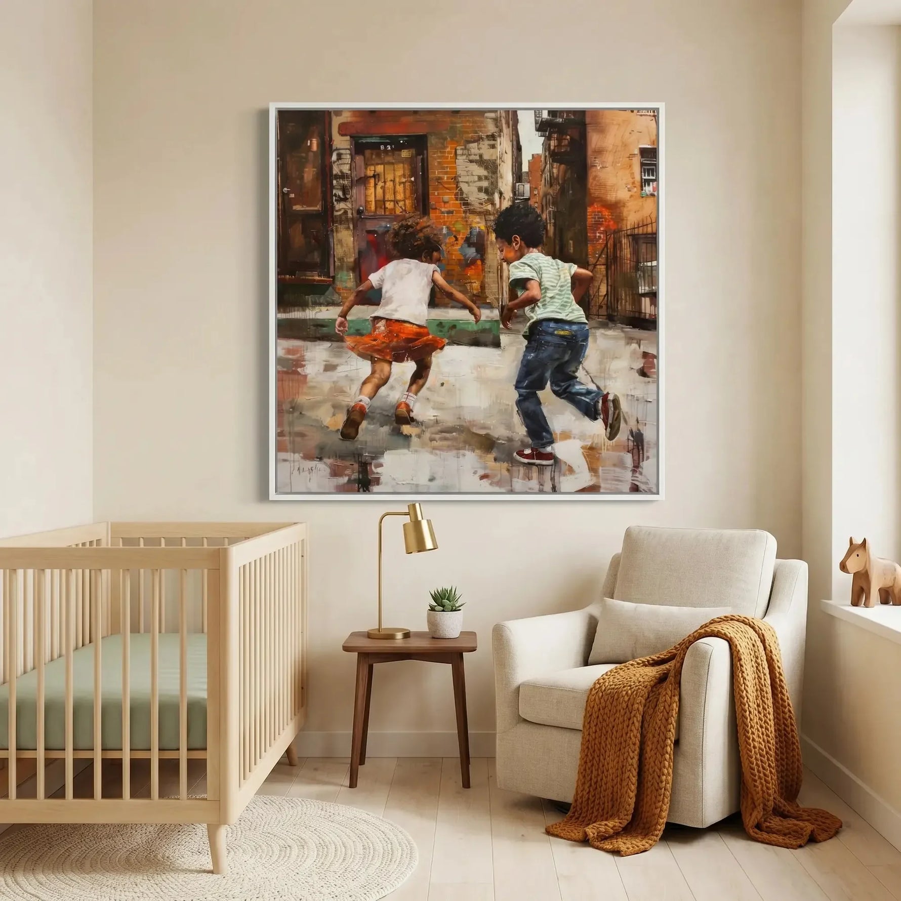 Black art for nursery walls in modern minimalist nursery with light wood crib and mustard throw, Black children running urban. Digital mockup.