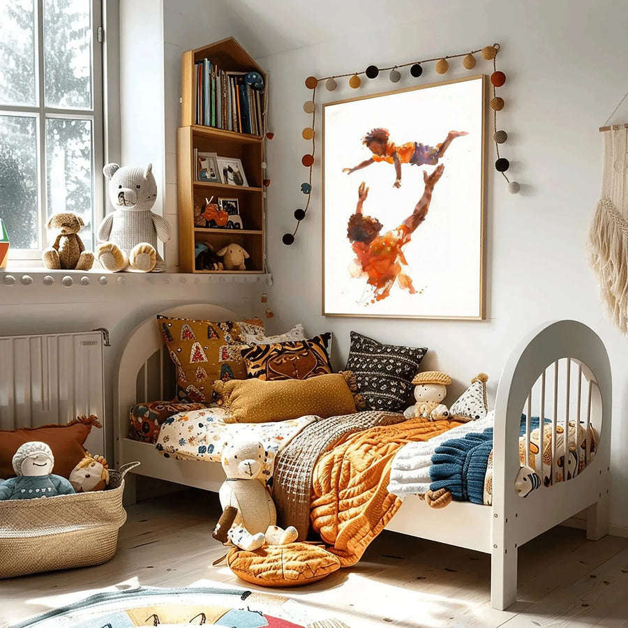 Black art for nursery walls in boho kids bedroom with mudcloth pillows and string lights, watercolor Black father and son. Digital mockup.