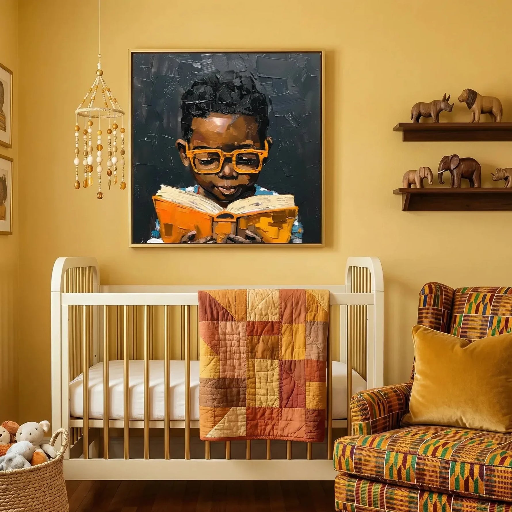 Black art for nursery walls in mustard nursery with white crib and kente armchair, Black boy in orange glasses reading. Digital mockup.