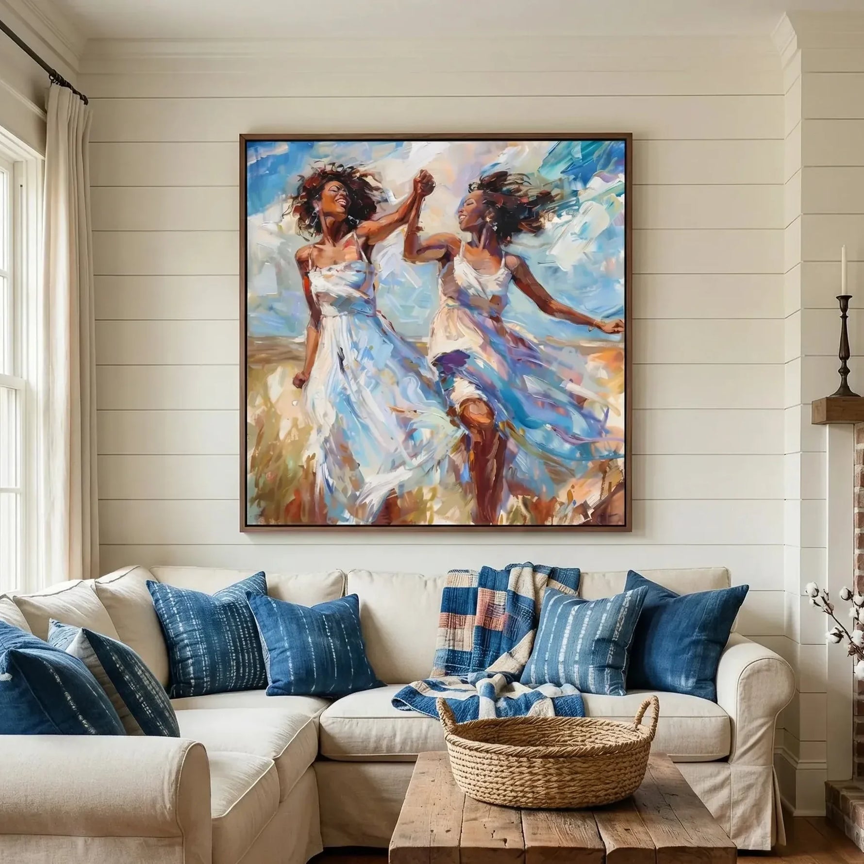 Black art for living room in farmhouse style with shiplap and brick fireplace, two Black women dancing in sundresses. Digital mockup.