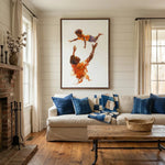 Black art for living room in farmhouse style with shiplap and brick fireplace, watercolor Black father tossing son. Digital mockup.