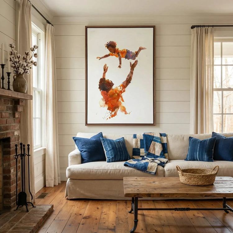 Black art for living room in farmhouse style with shiplap and brick fireplace, watercolor Black father tossing son. Digital mockup.