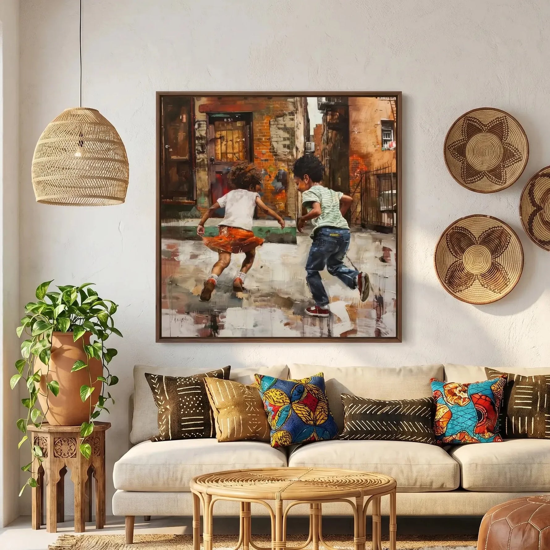 Black children playing art in boho Moroccan living room with mudcloth pillows, painterly Black kids running in urban alley. Digital mockup.