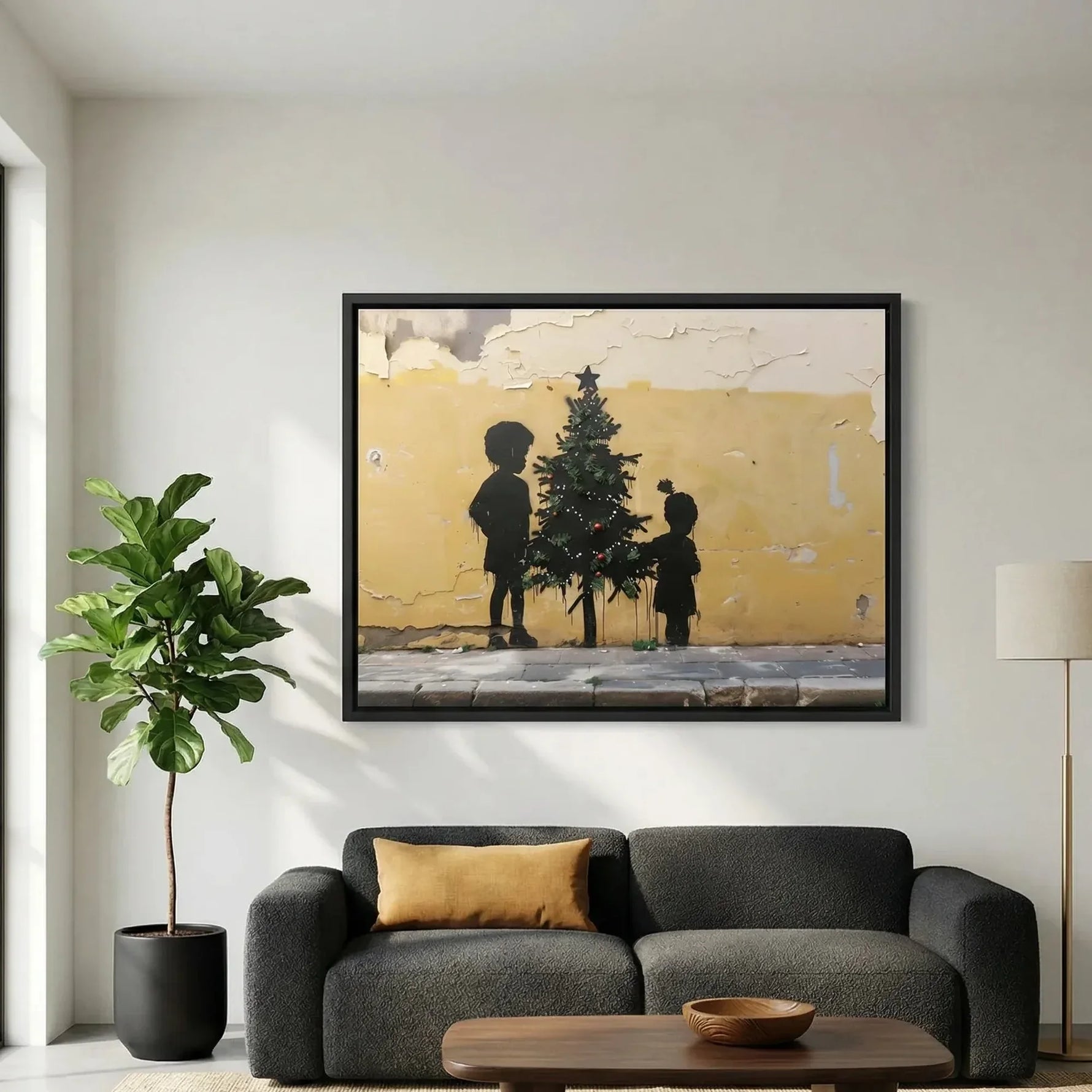 Modern African American art in minimalist living room with gray sofa and fiddle leaf, street-art Black children Christmas. Digital mockup.