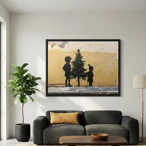 Modern African American art in minimalist living room with gray sofa and fiddle leaf, street-art Black children Christmas. Digital mockup.