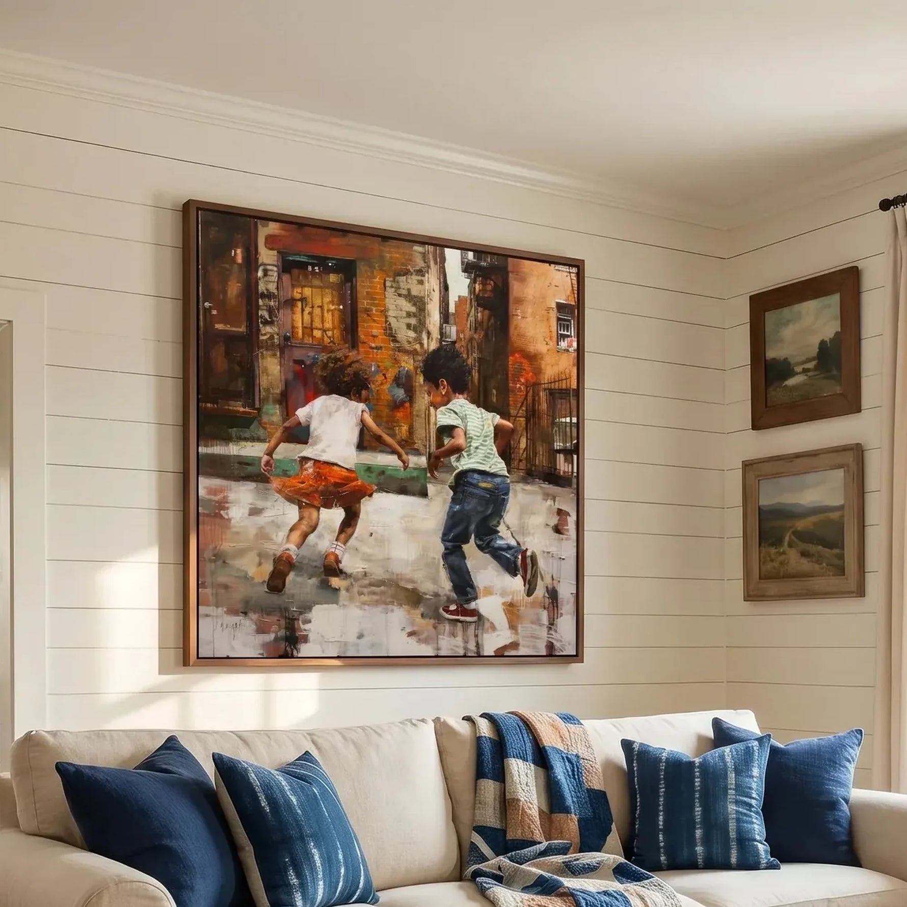 Black art for living room in farmhouse style with shiplap and brick fireplace, painterly Black children running urban scene. Digital mockup.