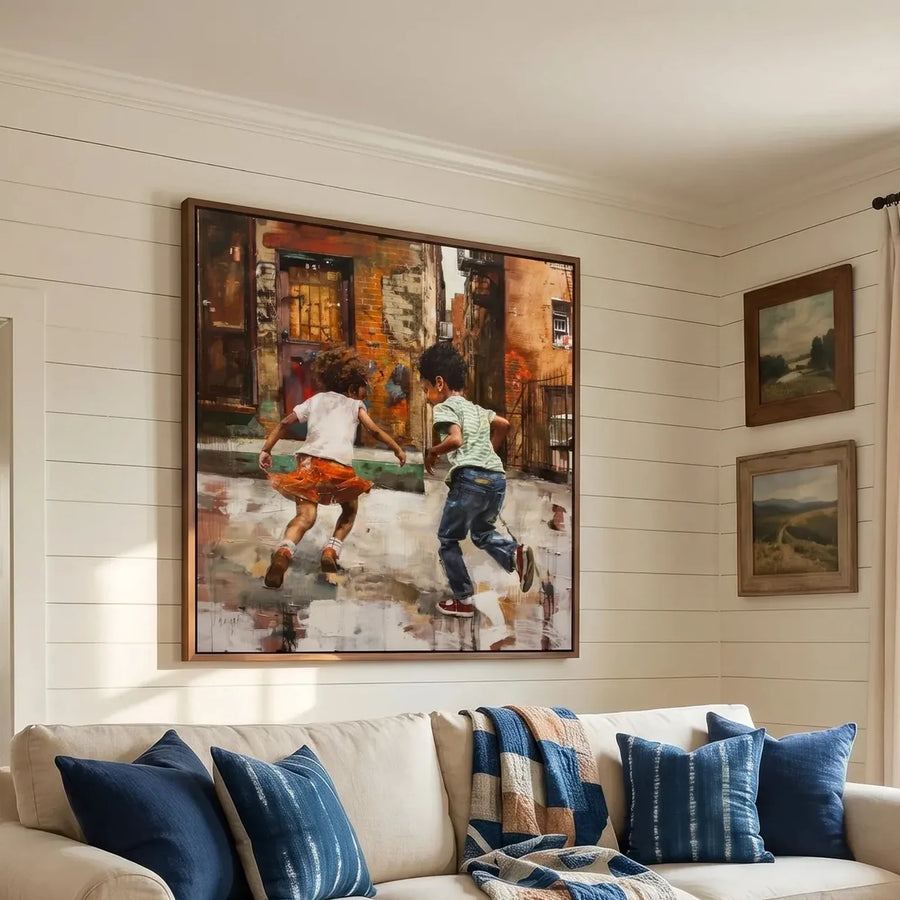 Black art for living room in farmhouse style with shiplap and brick fireplace, painterly Black children running urban scene. Digital mockup.