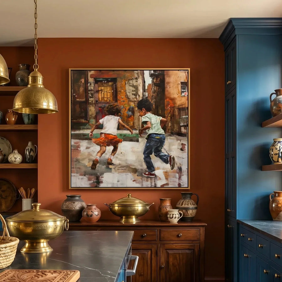 African American kitchen canvas in Mediterranean kitchen with terracotta and navy cabinets, Black children running urban. Digital mockup.