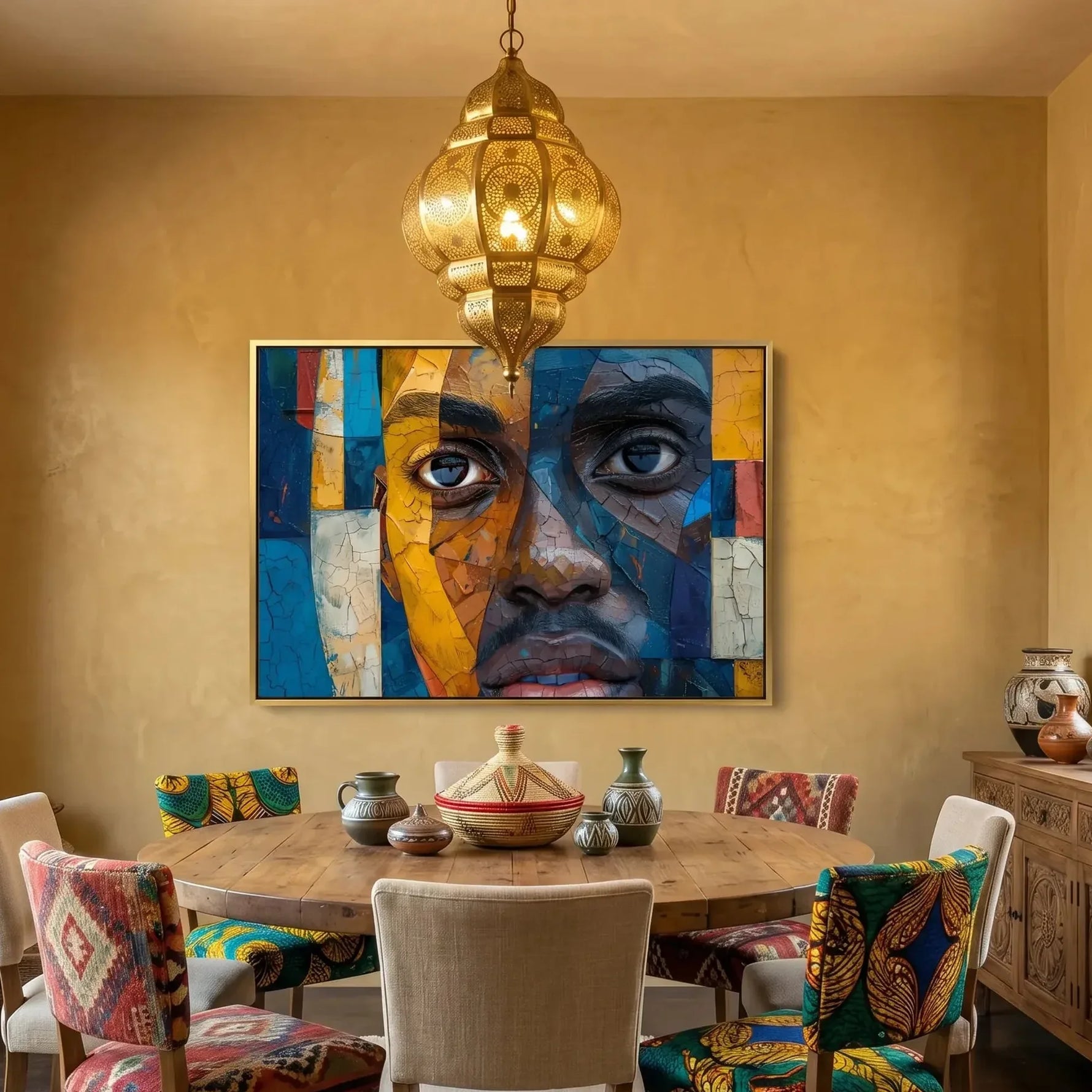 African American dining room art in mustard Moroccan dining with carved chairs and brass lantern, mosaic Black man portrait. Digital mockup.